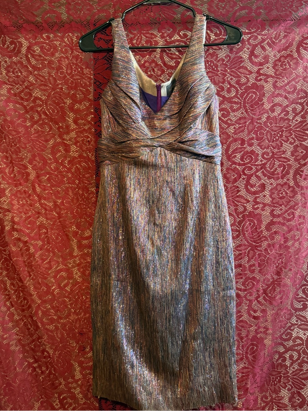 Zac Posen Rainbow Metallic Lurex Sheath Dress Size 2 Ruched Cocktail Midi